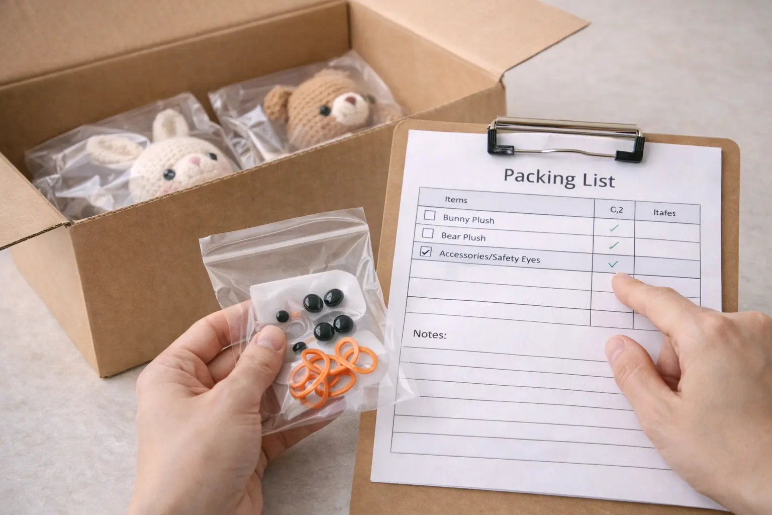 Quality control inspection of handmade crochet products with checklist and batch labels