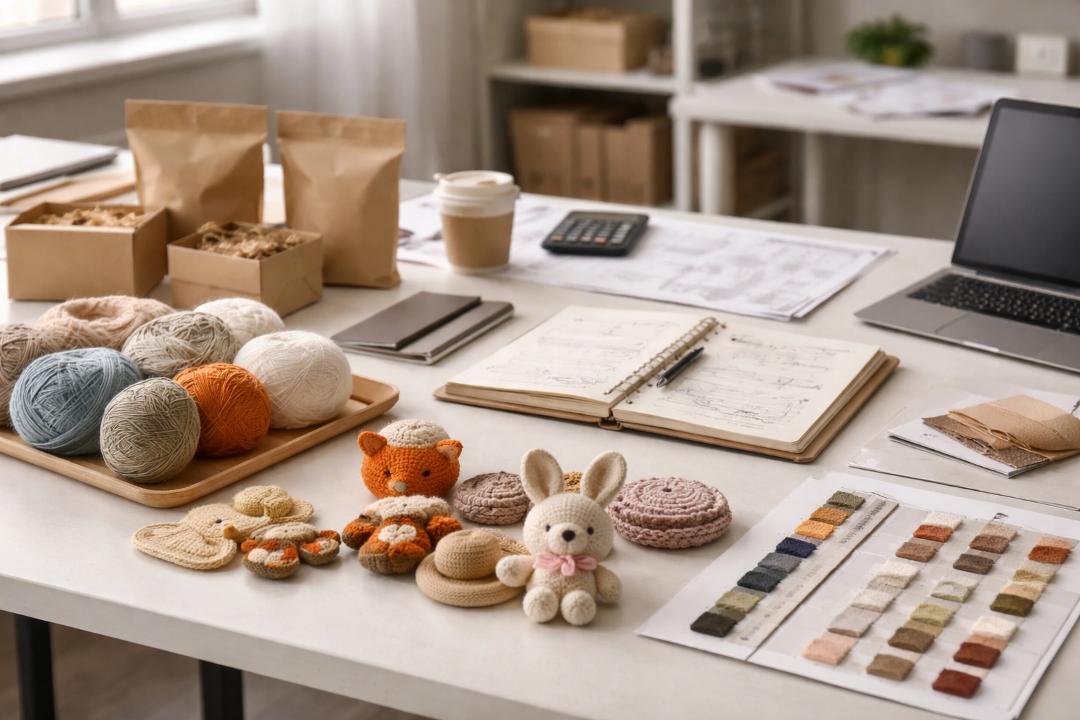 Requirement alignment discussion with product references, yarn samples, and planning materials