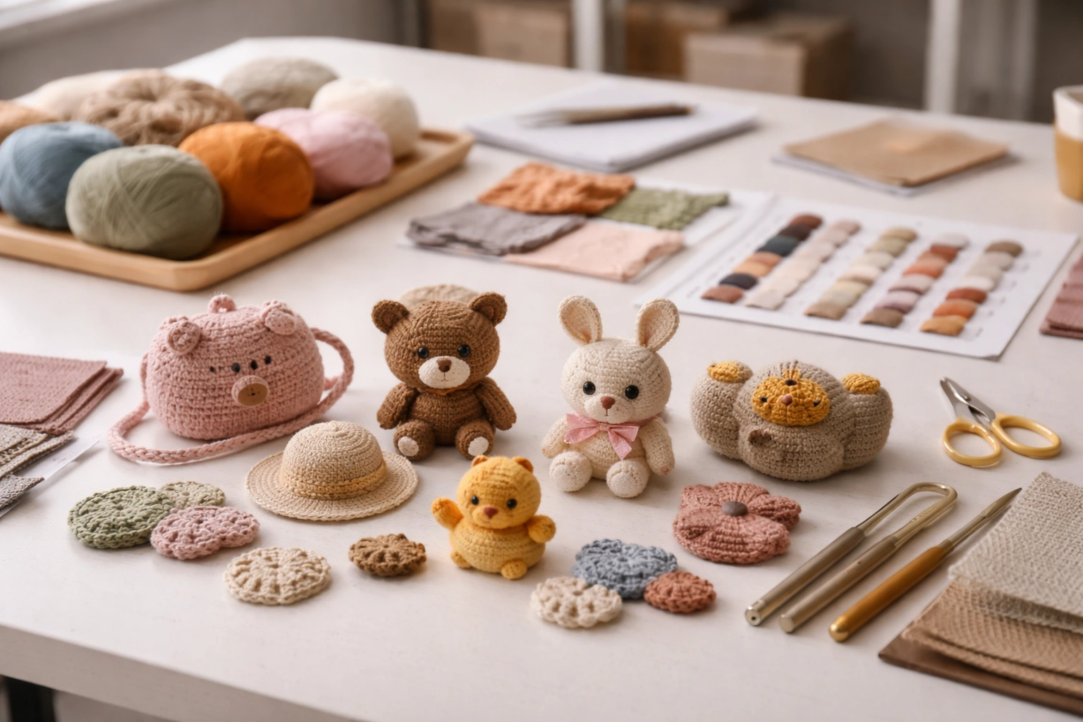 Crochet sample development with multiple prototypes, yarn colors, and validation process