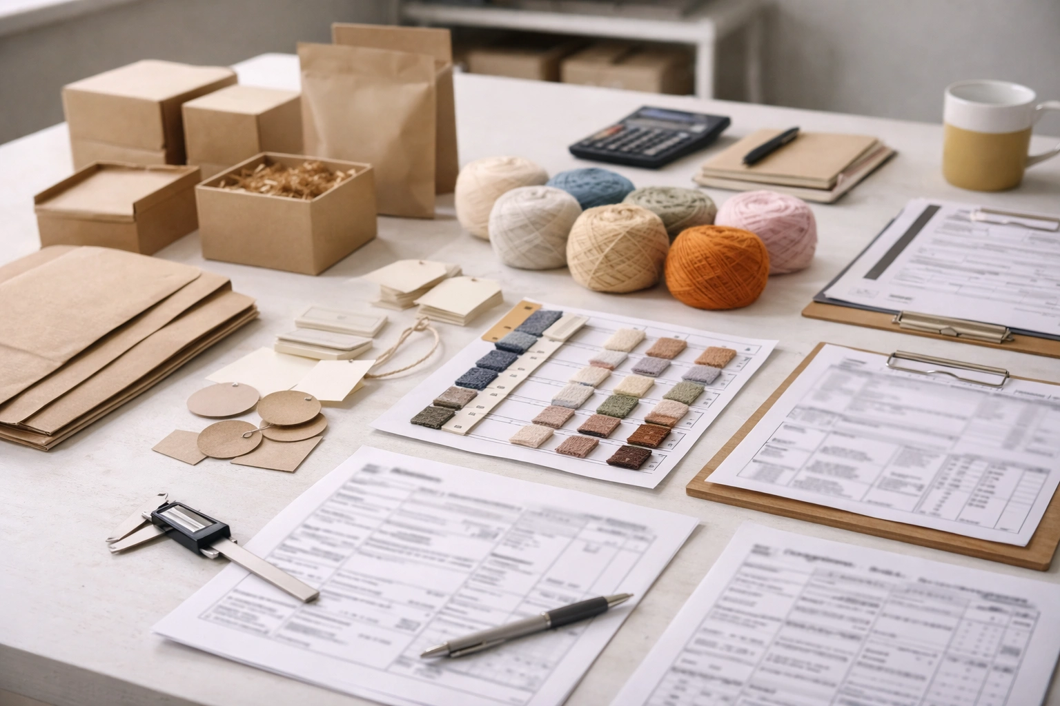 Pre-production setup with BOM sheets, labels, packaging components, and yarn materials