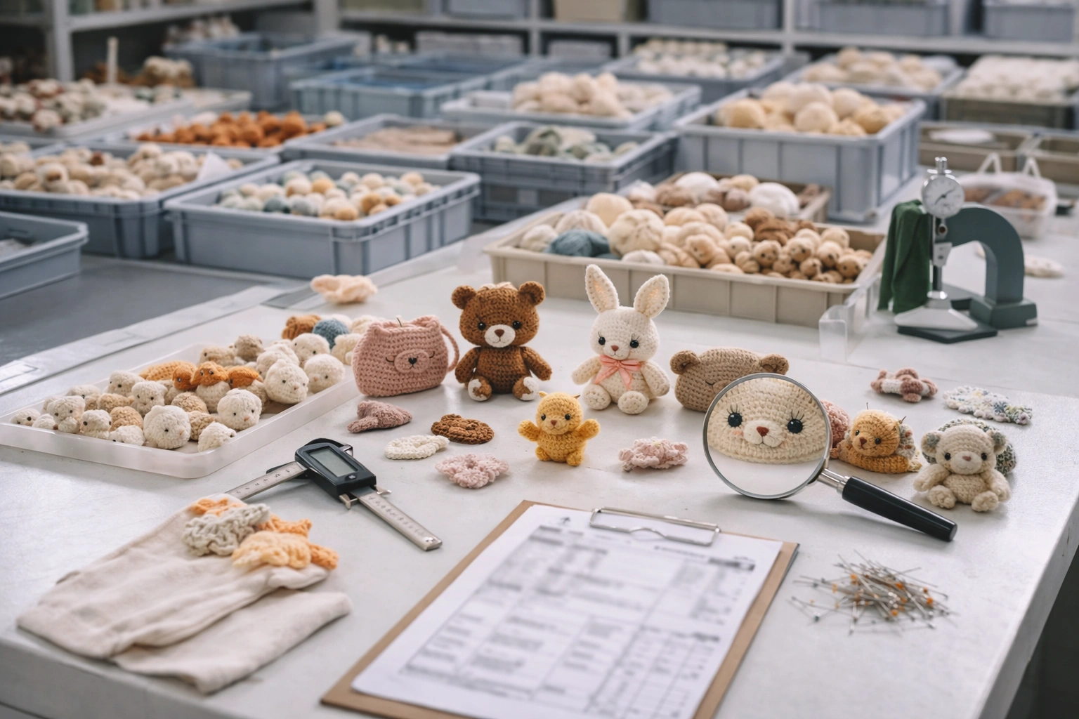 Mass production and quality inspection process for crochet products in factory environment
