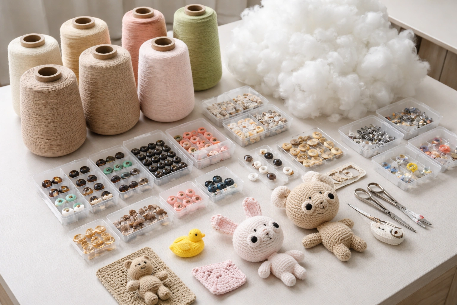 Crochet toy materials and safety planning with yarn, fillings, and accessory options