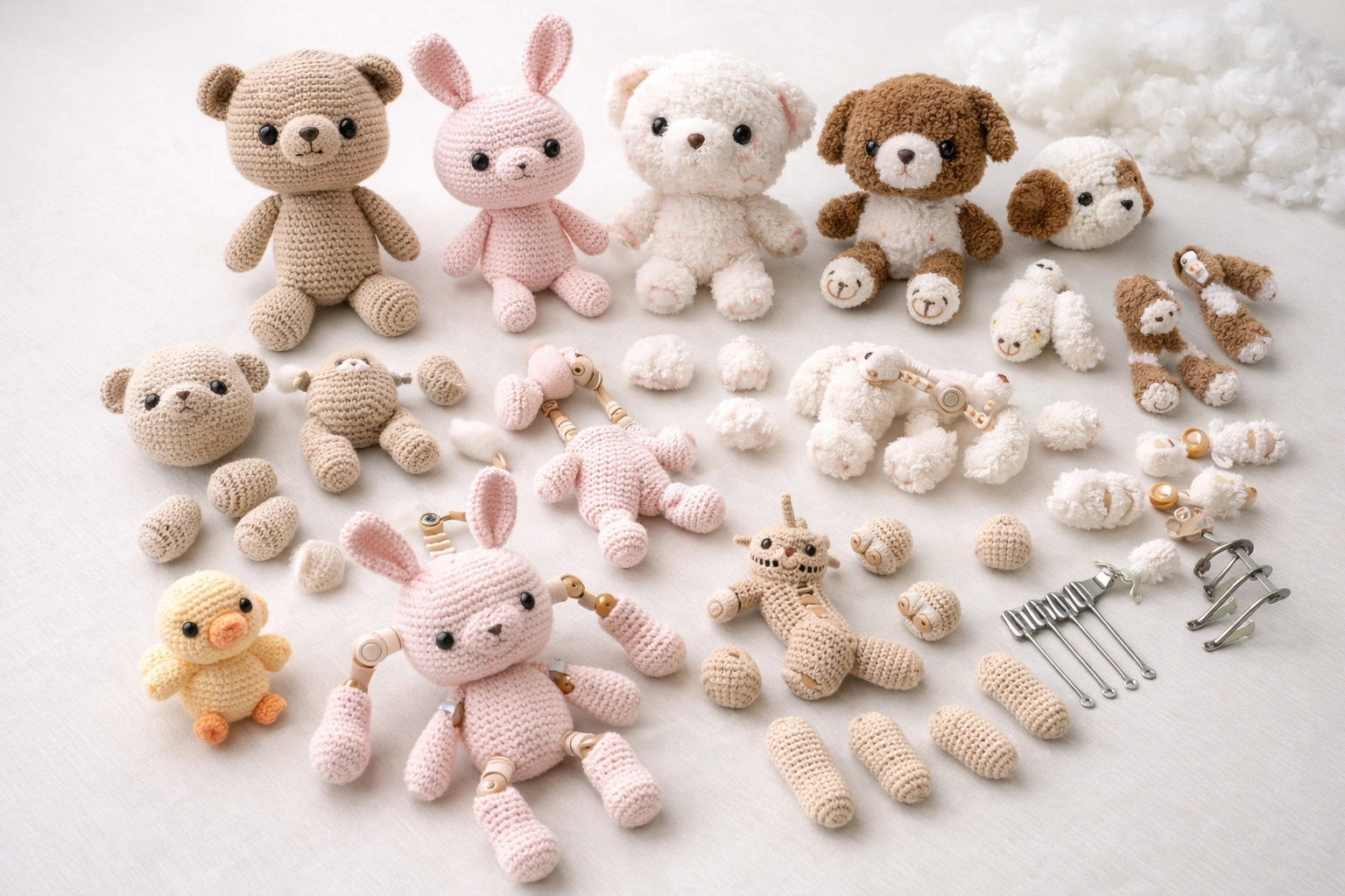 Crochet toy structure variations including amigurumi, hybrid plush, and multi-part construction