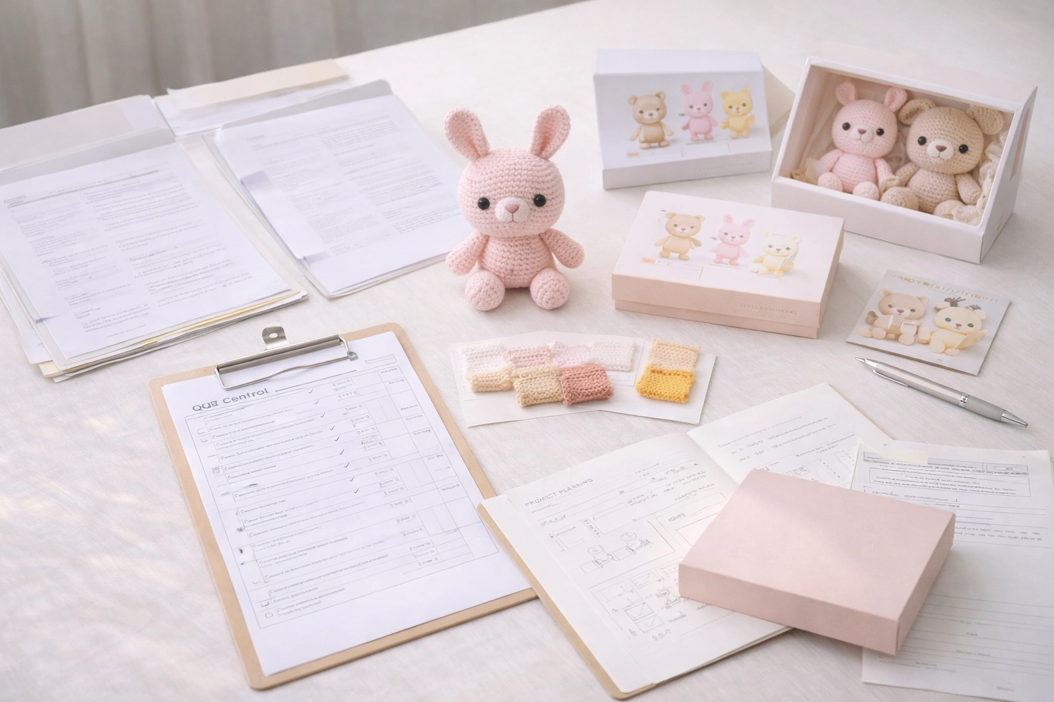 Crochet toy development deliverables pack with approved sample, QC checklist, material swatches, packaging mockups, and compliance folders