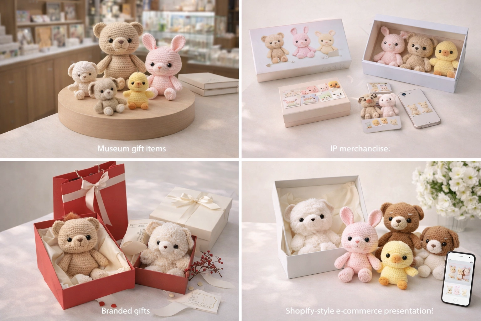 B2B applications for crochet toys including museum retail, IP merchandise, branded gifts, and e-commerce presentation