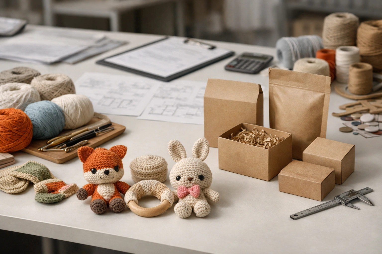 Crochet OEM manufacturing workflow showing product development, material planning, sampling, packaging, and quality control process