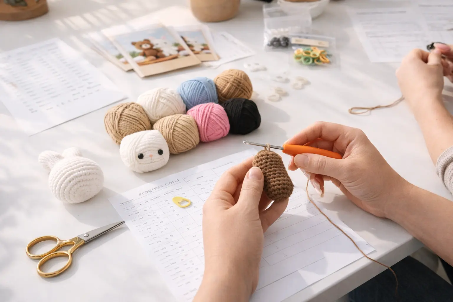 Classroom or workshop scene using DIY crochet kits for hands-on learning and group activity