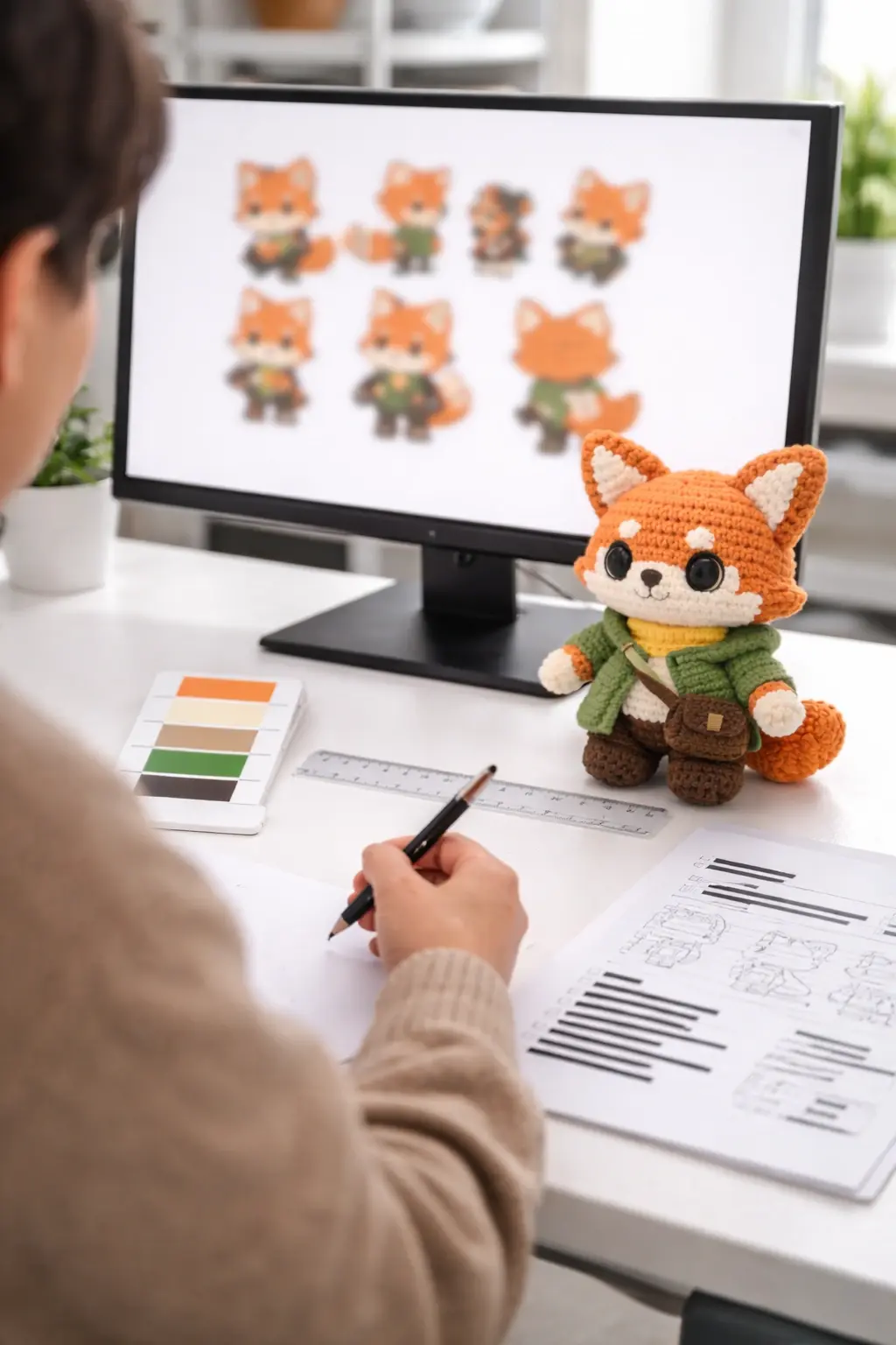Designer comparing blurred 2D character artwork on screen with crochet plush prototype on a development desk