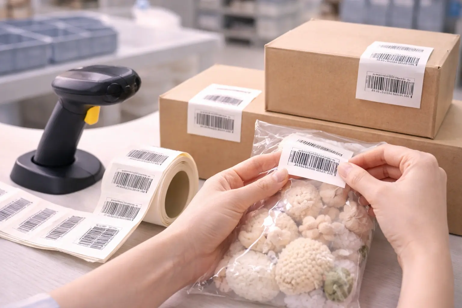 Batch barcode labels and traceability workflow on material bags or cartons