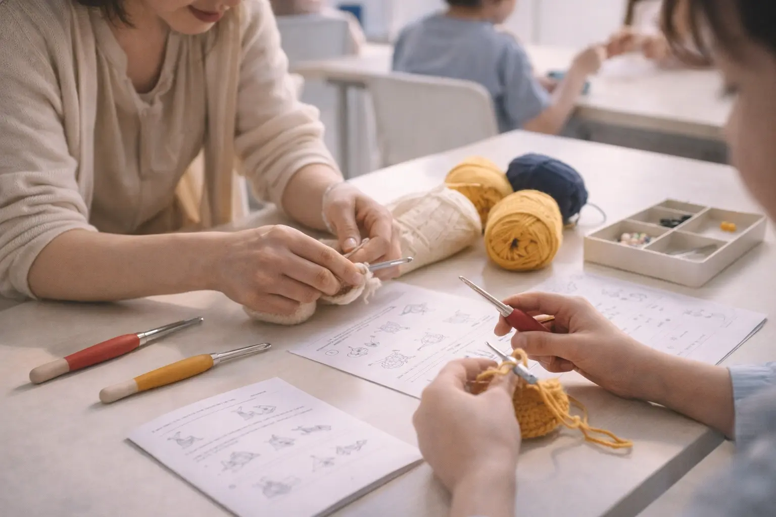 Students learning crochet with teacher guidance in a classroom setting