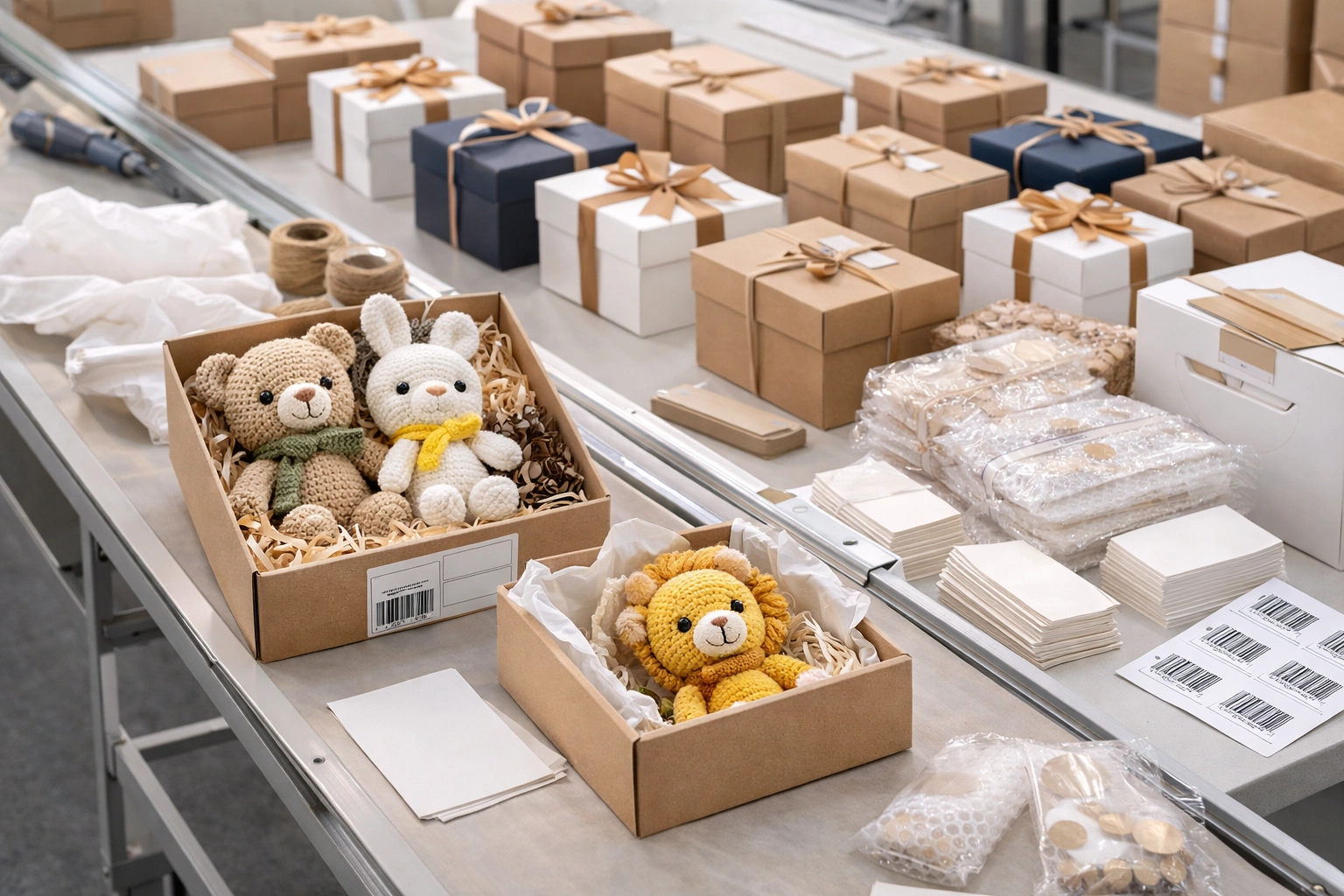 Corporate gift box assembly line with handmade crochet and plush products, insert cards, barcode labels, and protective materials