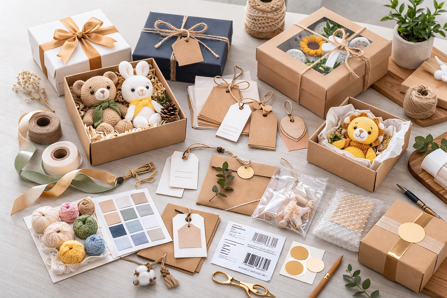 Branded packaging elements for corporate gifts including gift boxes, insert cards, hang tags, barcode labels, and wrapping materials