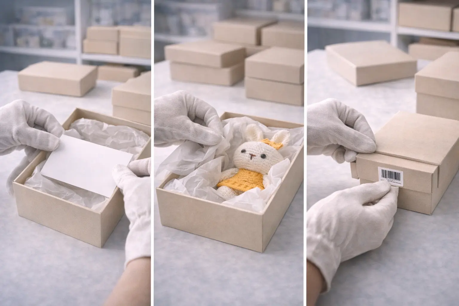 Corporate gift packaging workflow with brand insert cards and barcode labeling