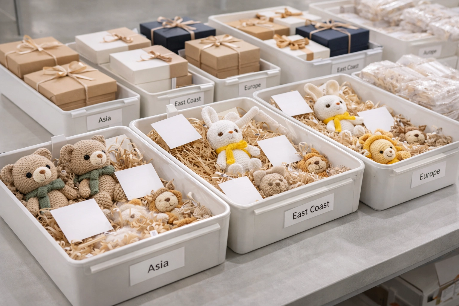 Personalized corporate gift sorting scene with batch grouping, insert cards, team labels, and region-based packaging references