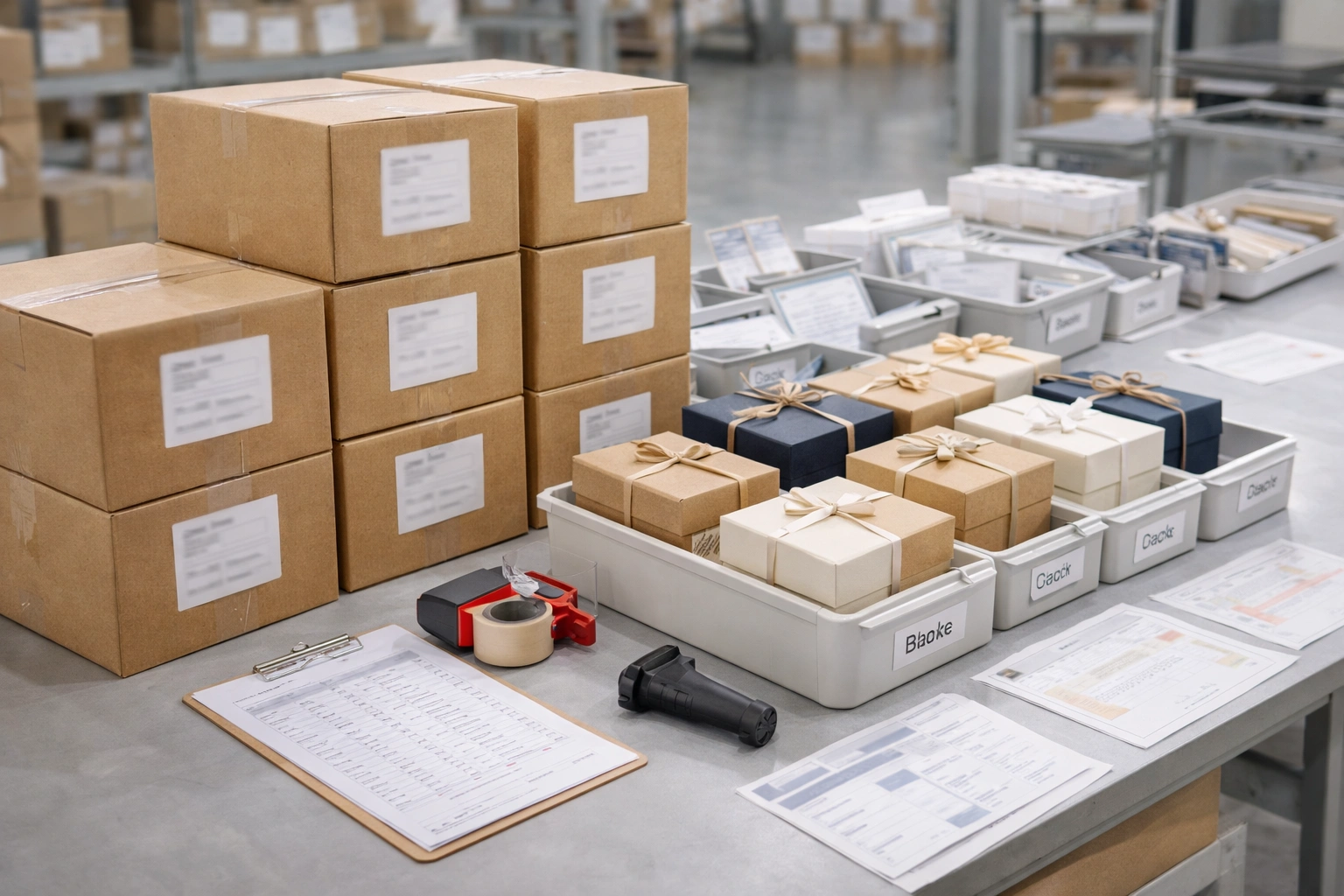 Phased delivery preparation for a corporate gift program with grouped gift boxes, batch labels, and organized shipment coordination