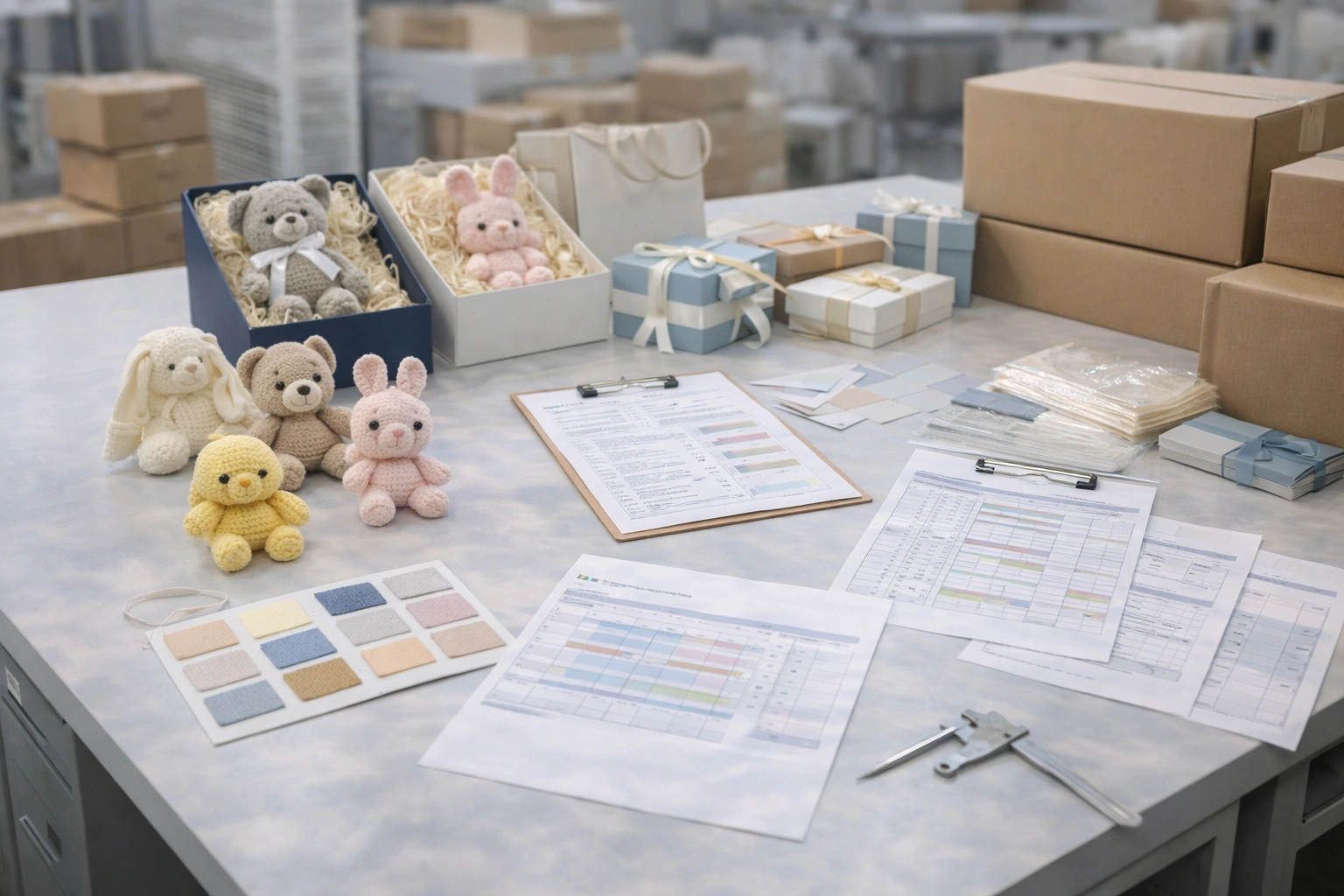 Production scheduling and order coordination scene for handmade corporate gift programs