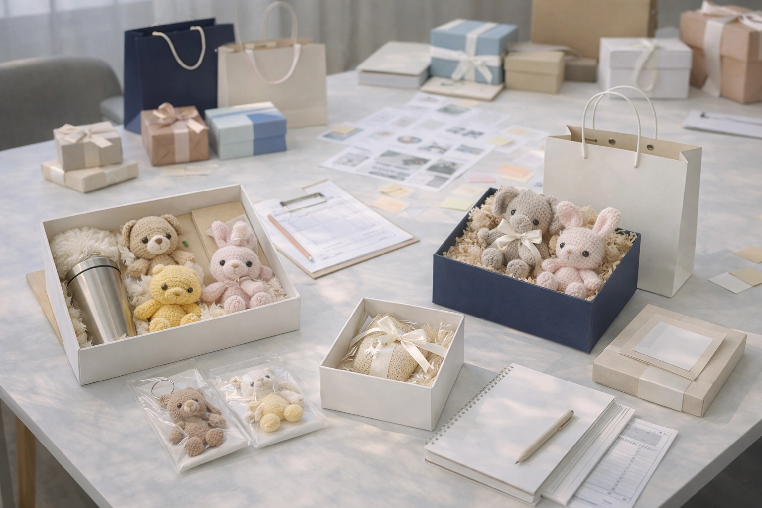 Corporate gift program planning scene with onboarding gifts, event giveaways, VIP gift packaging, and campaign materials