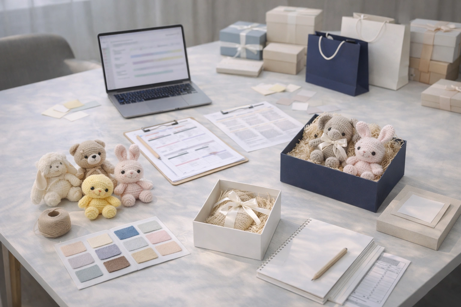 Corporate gift project planning meeting with crochet and plush samples, packaging mockups, material swatches, and timeline sheets