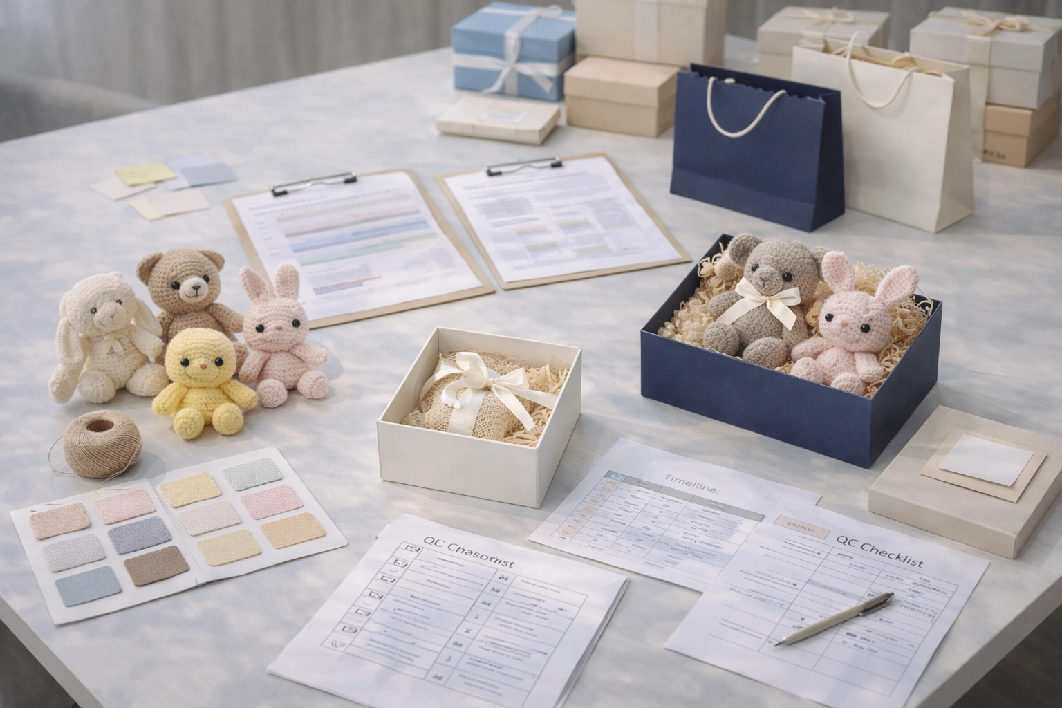 Corporate gift proposal package with sample items, quotation sheets, timeline documents, QC checklist, and carton marking notes