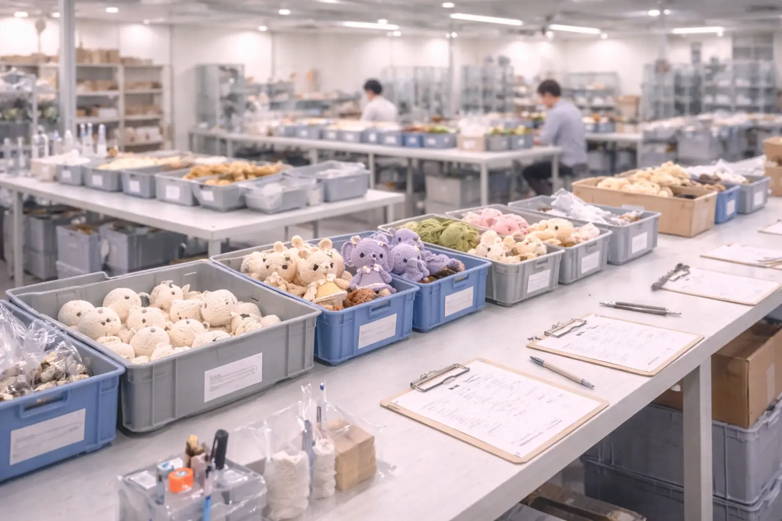 Standardized crochet production line with organized workstations and material bins