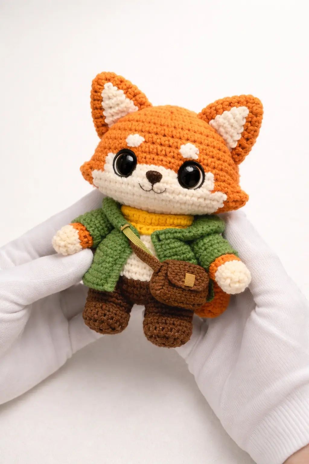 Crochet plush prototype shown in a premium studio close-up