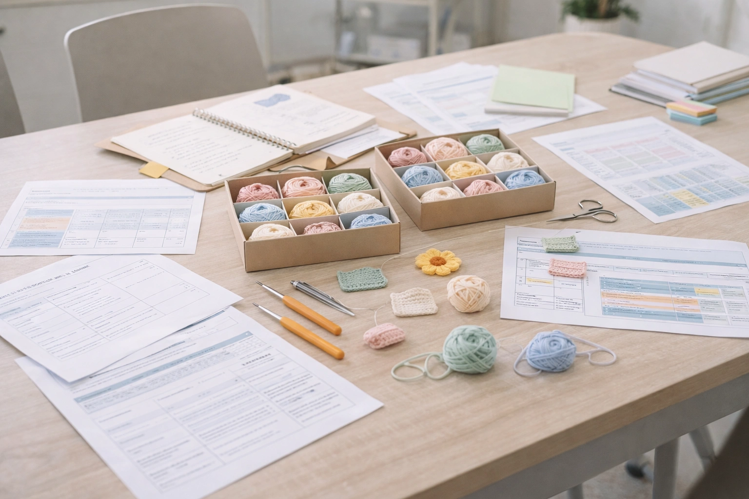 Curriculum-based crochet education program planning with lesson materials and kit samples