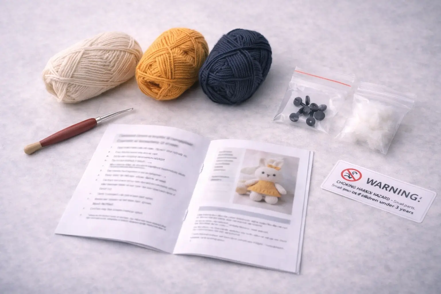 DIY crochet kit compliance scene with yarn, hook, instructions, and warning label area