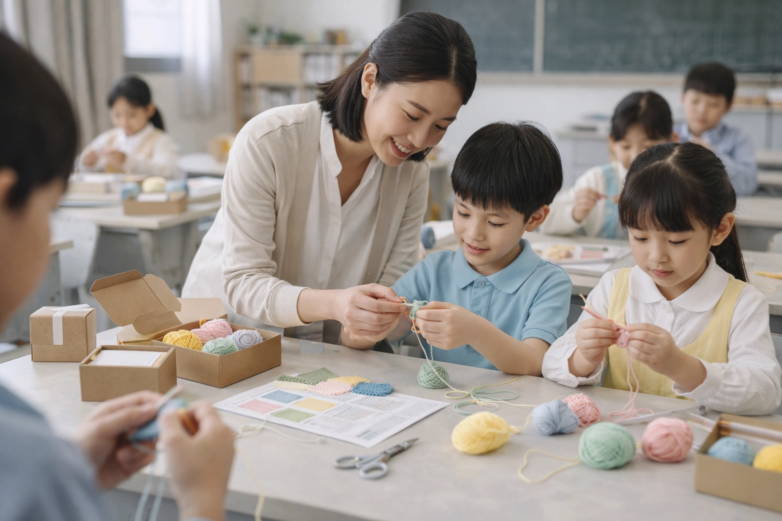 Children learning crochet in a classroom environment with guided DIY kits