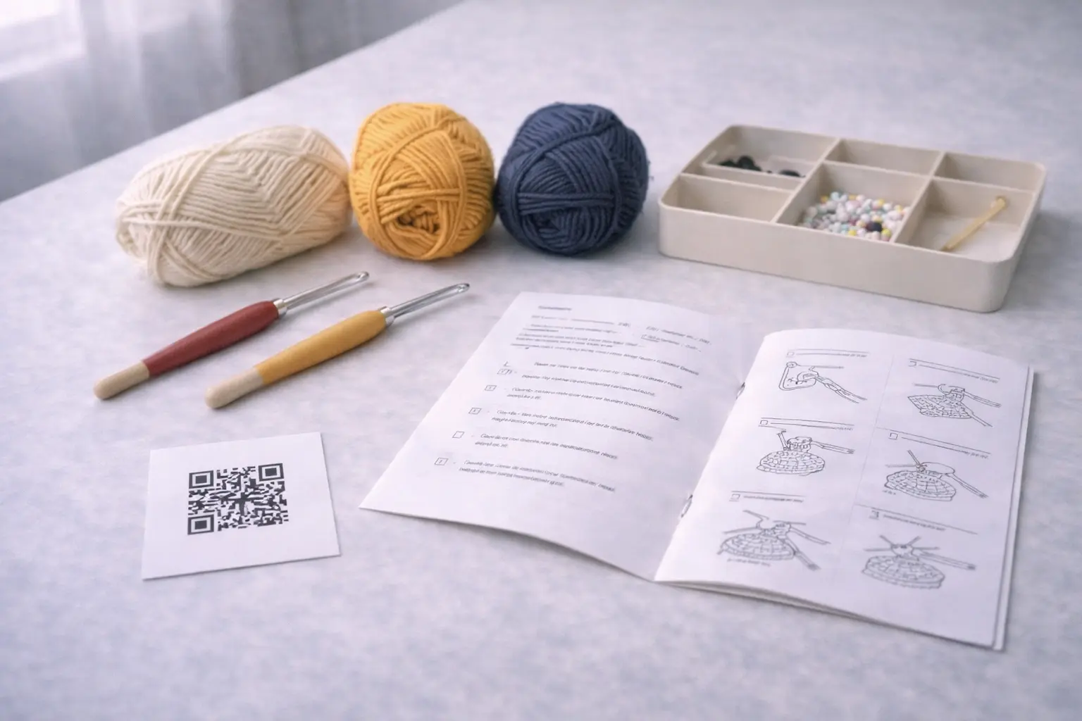 Educational DIY crochet kit components arranged on a classroom desk