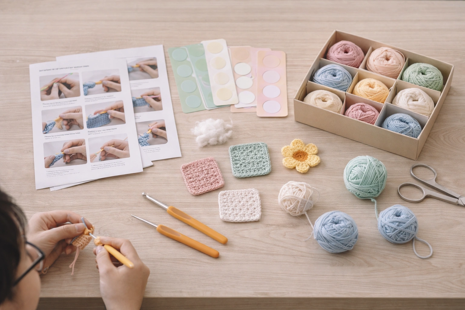 Educational crochet learning support materials including instruction sheets progress cards and age-appropriate tools
