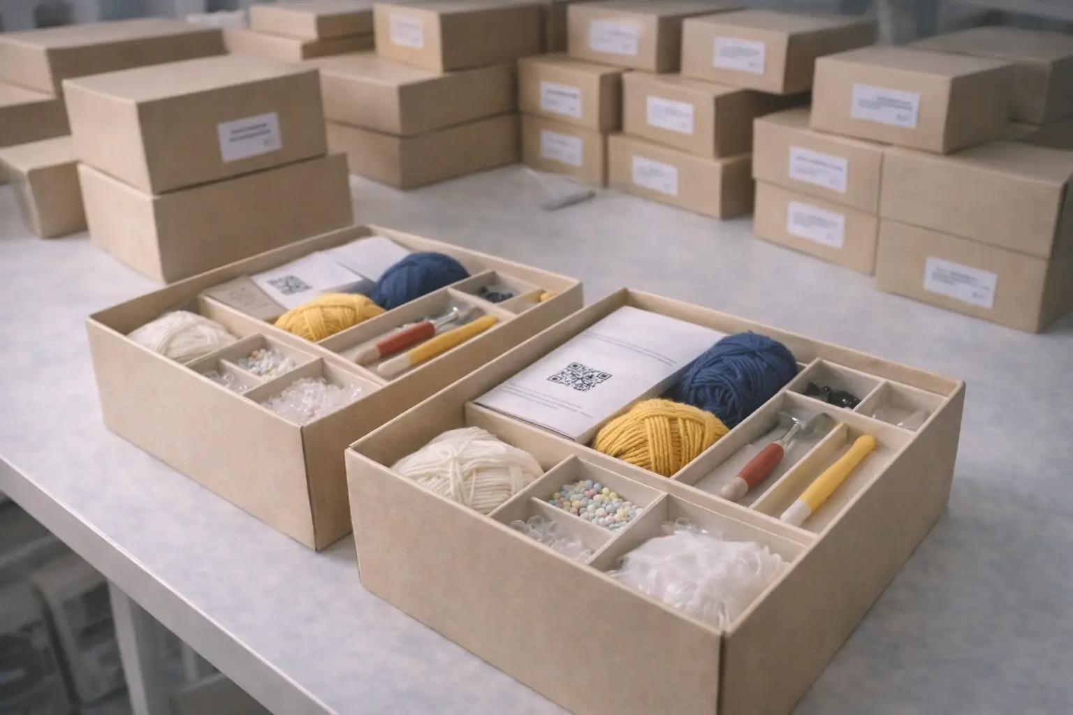 Educational DIY kit packaging and fulfillment workflow with cartons and batch labels