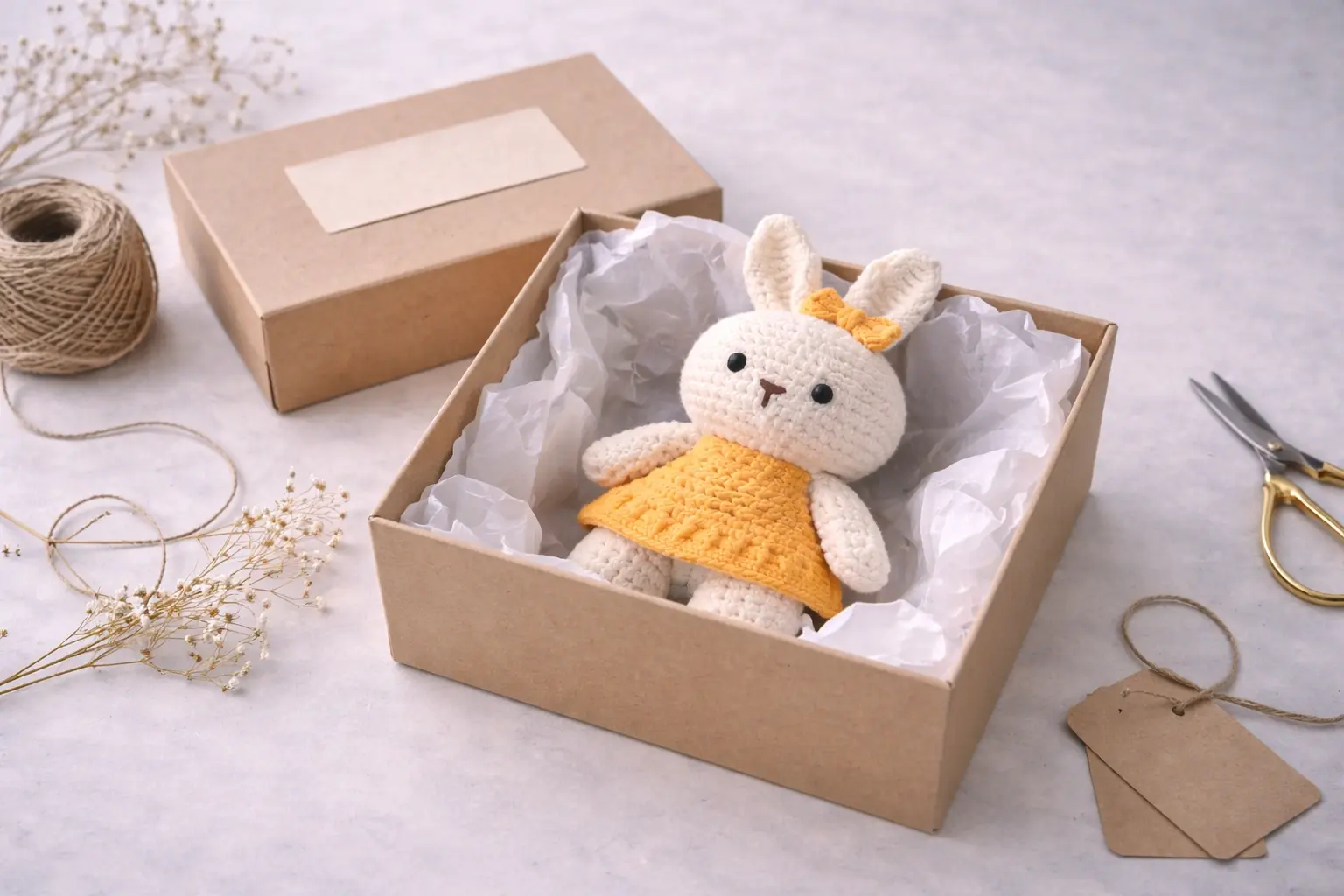 Gift product packaging scene with compliance labeling area for handmade items