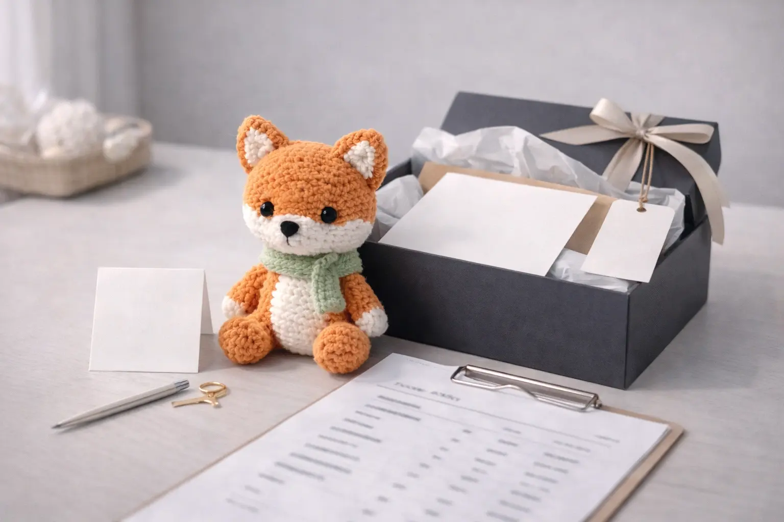 Premium gift set packaging with handmade crochet plush and retail-ready presentation
