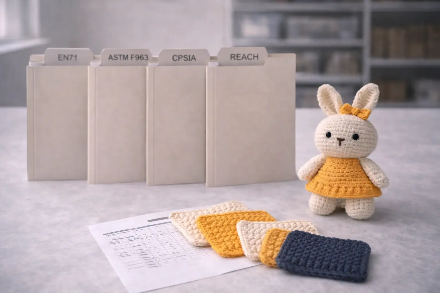 Global compliance preparation desk with sample materials, folders, and documentation