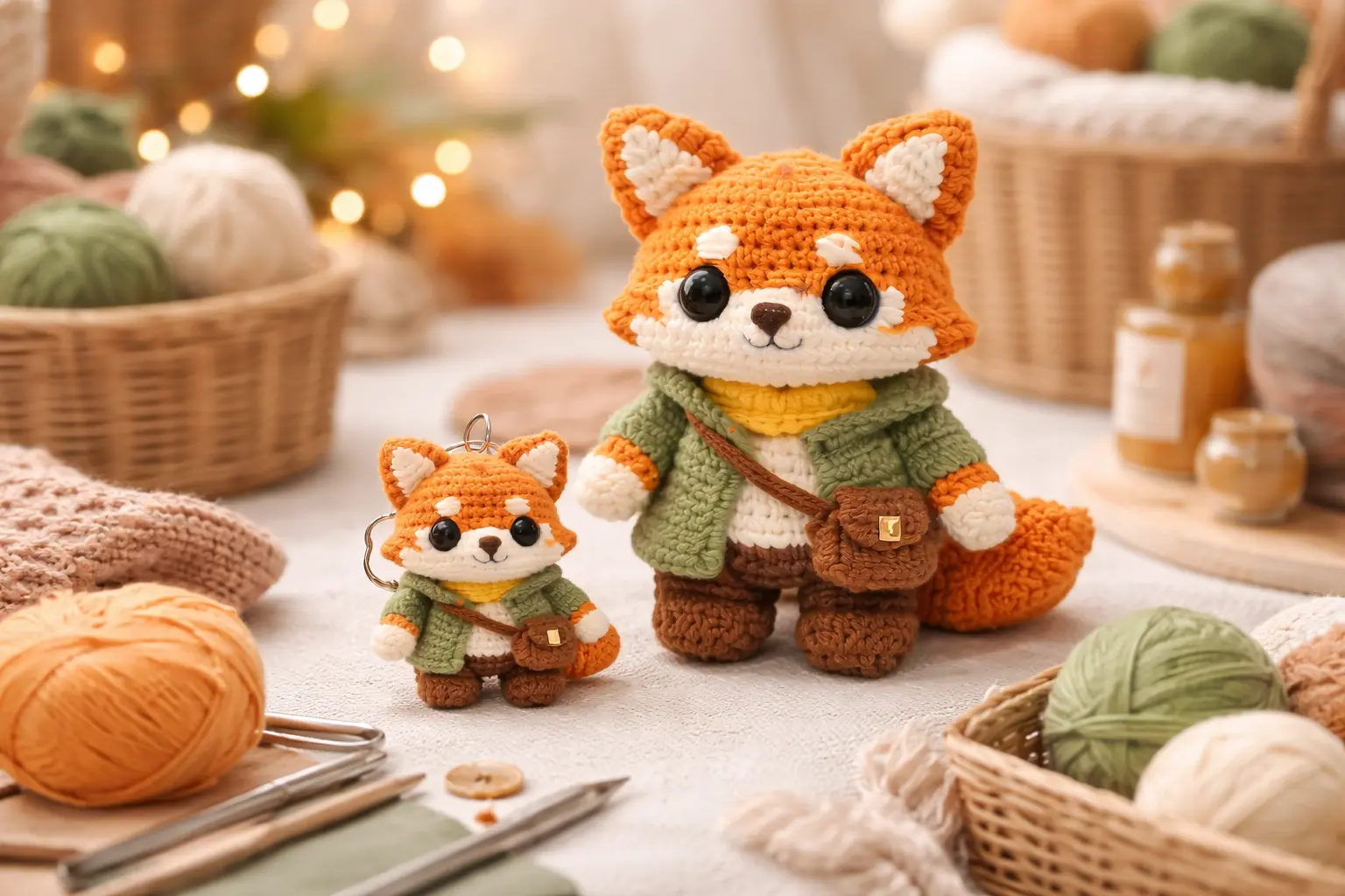 Warm handmade craft background with crochet and plush textures