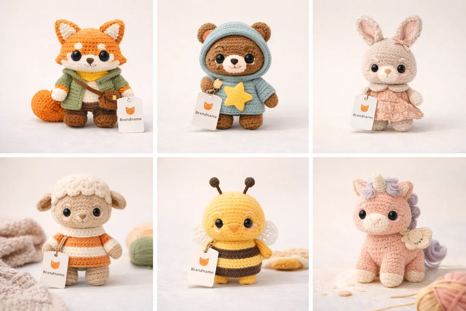 Collection of premium handmade crochet and plush products in a professional display setting