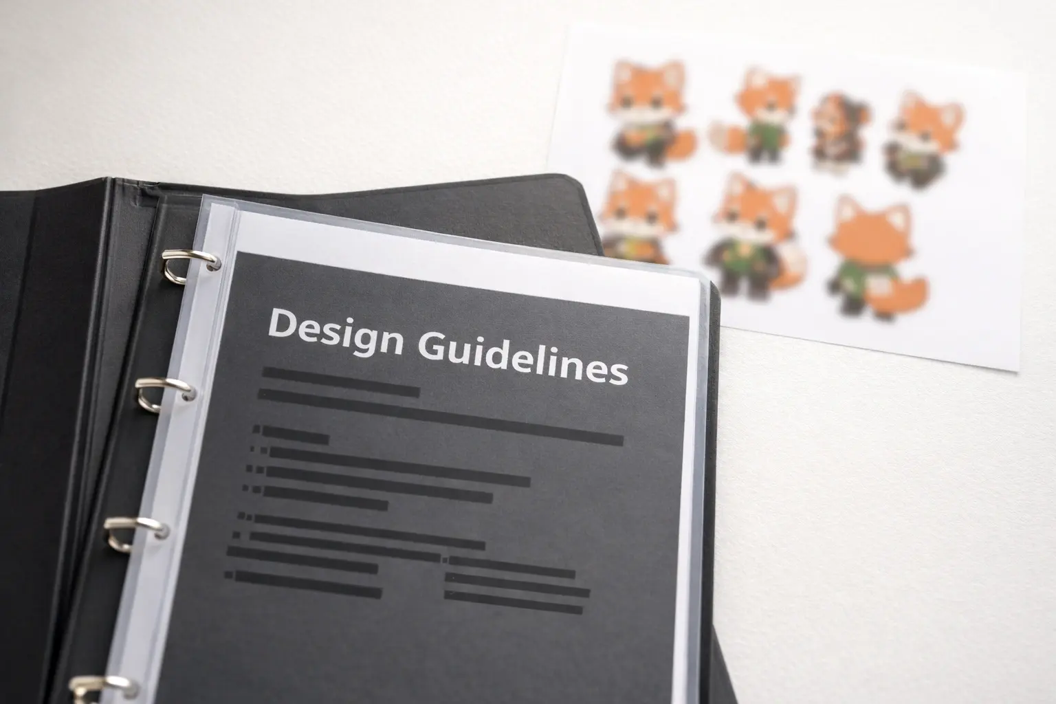 Blurred character turnaround sheet and design guideline folder on a desk