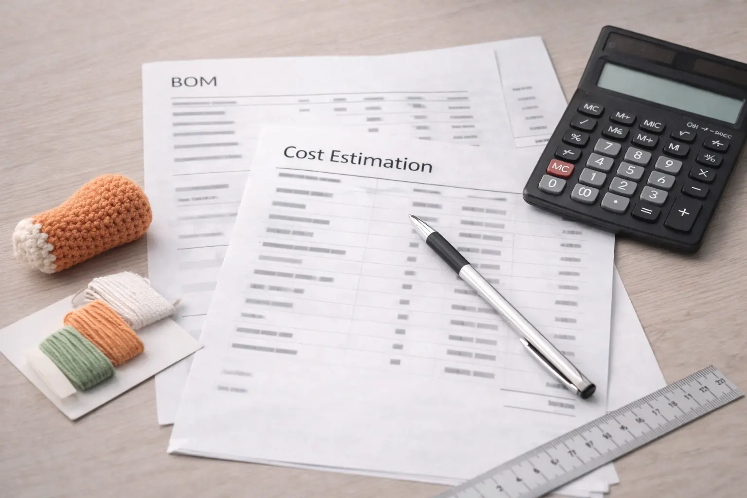 Cost estimation and BOM planning documents with crochet sample and yarn swatch