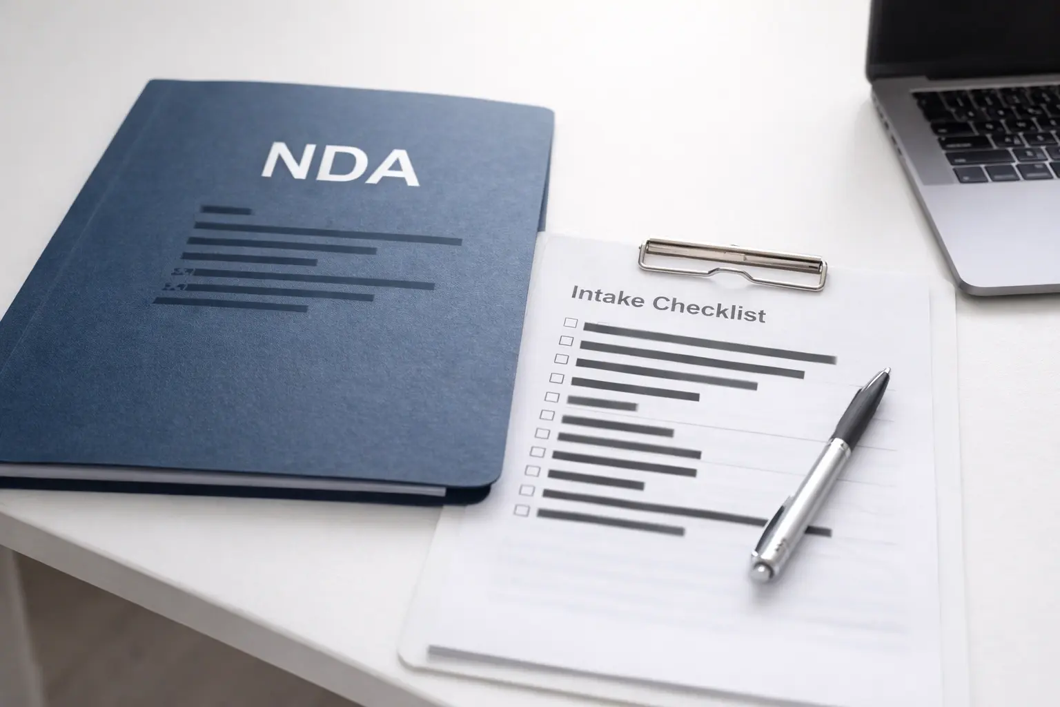 NDA folder and intake checklist documents on a clean desk with text blurred