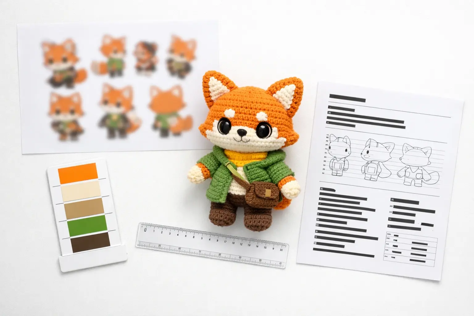 Blurred IP artwork, crochet prototype, ruler, color card, and technical specification sheet arranged on a clean table