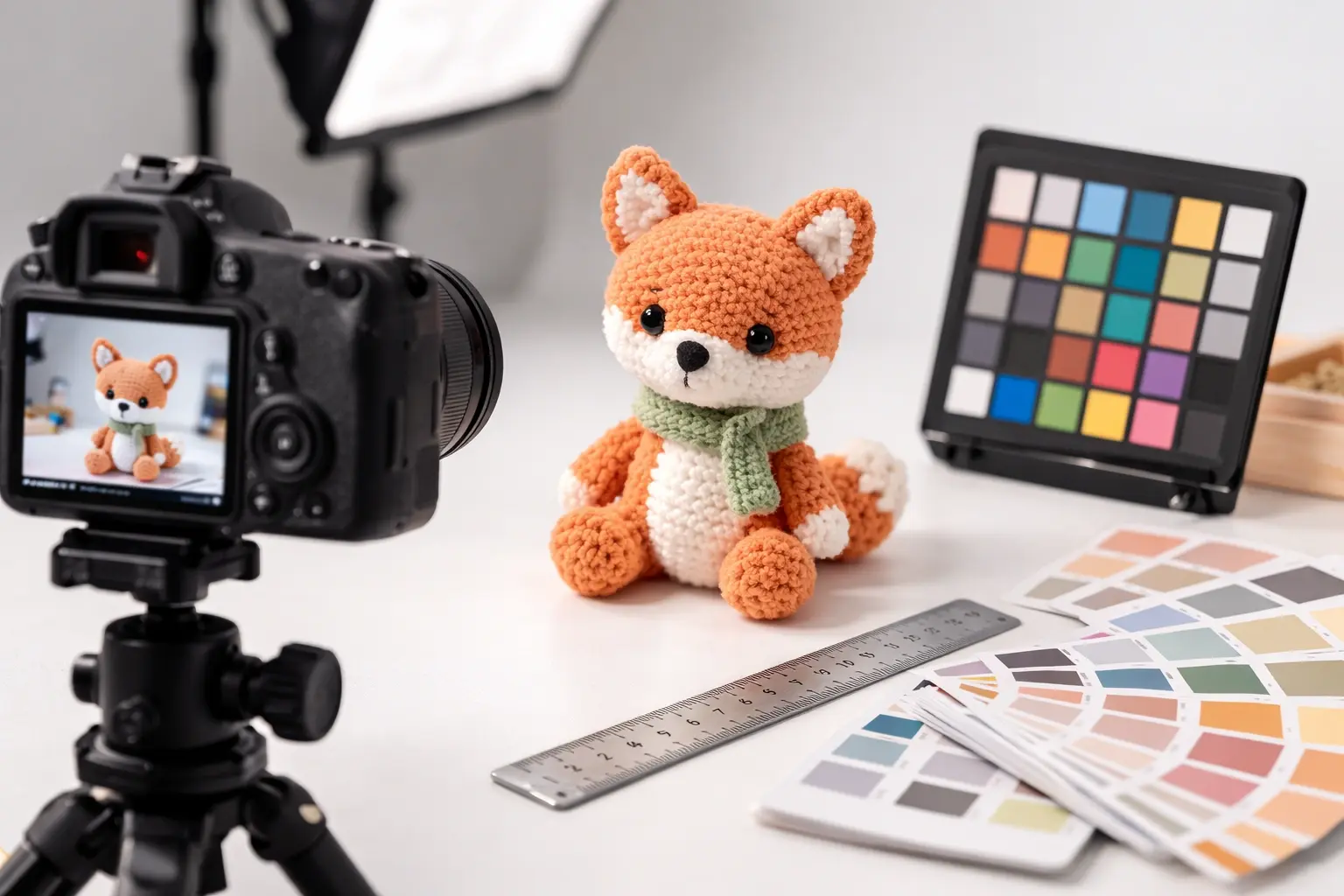 Prototype photo setup with camera, tripod, ruler, and color card