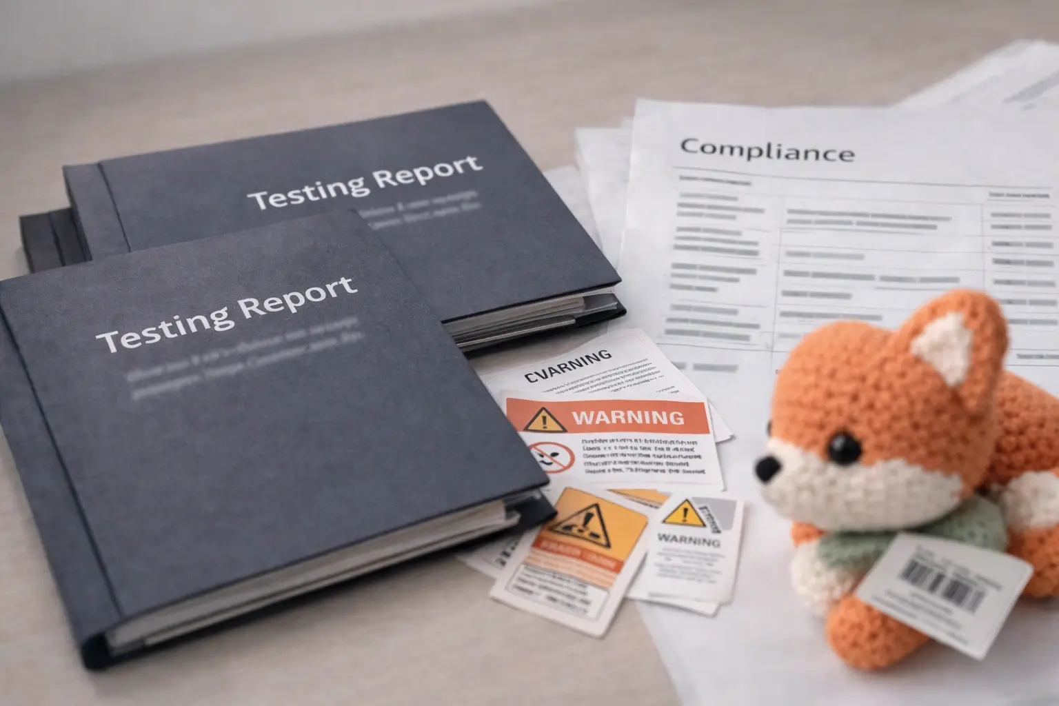 Compliance and testing documents with blurred text and product sample nearby