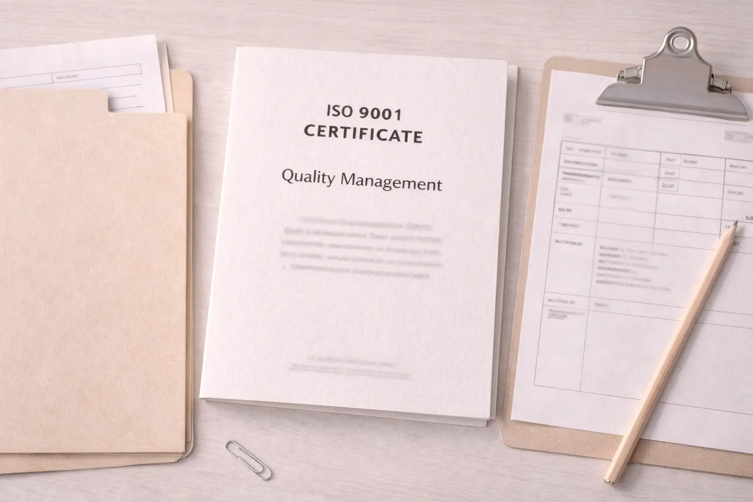 ISO 9001 certificate cover on desk with controlled document setting
