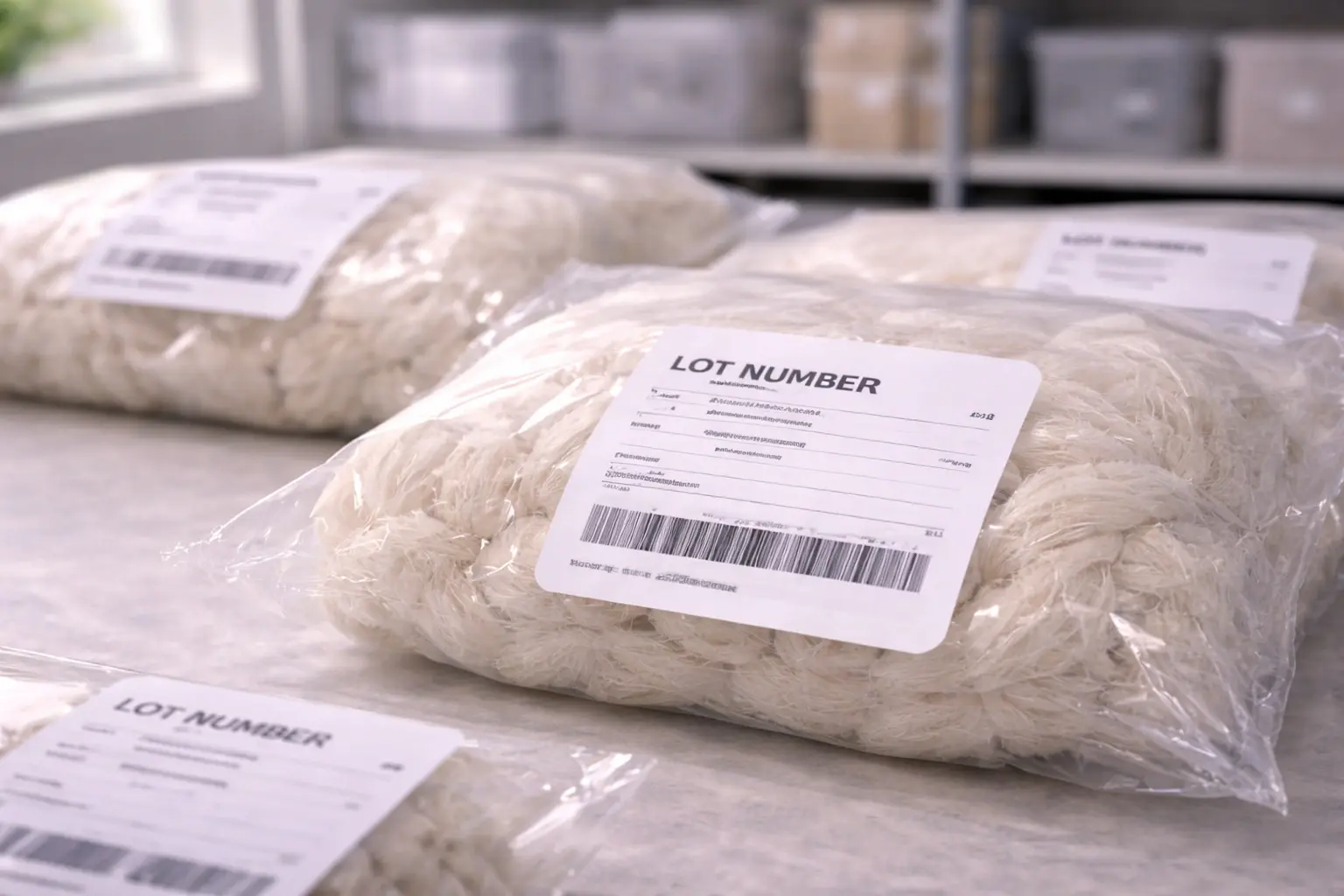 Batch management labels attached to material bags and cartons