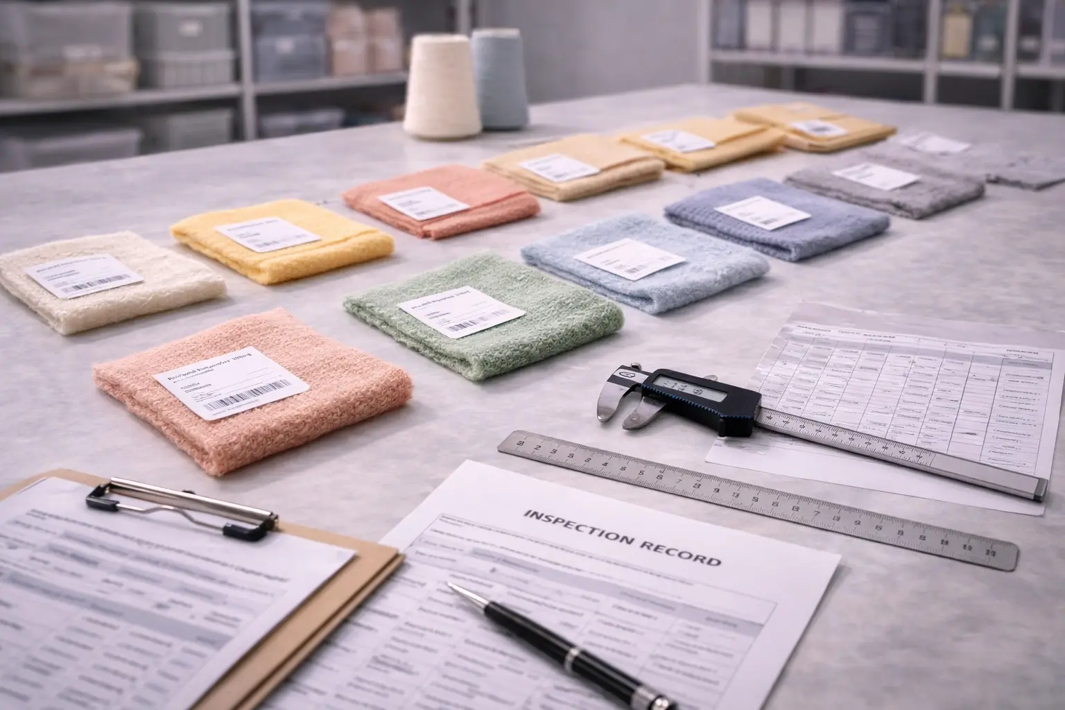 Material compliance testing setup with samples, tools, and records