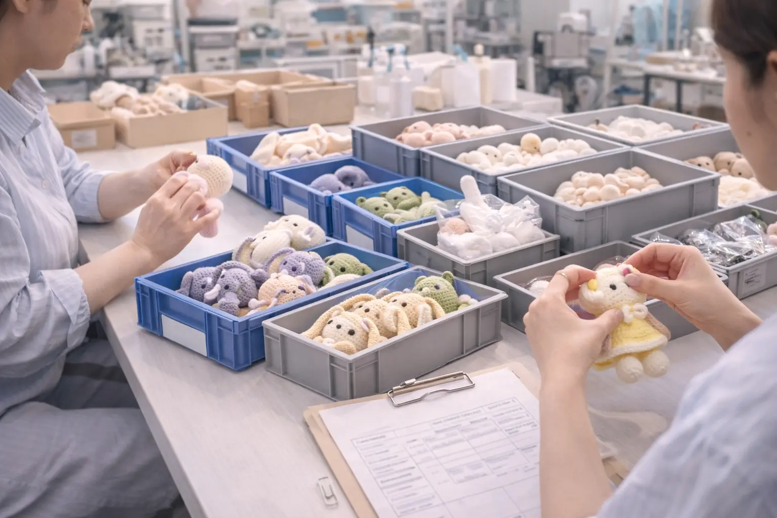 Organized production workstation with standardized material bins