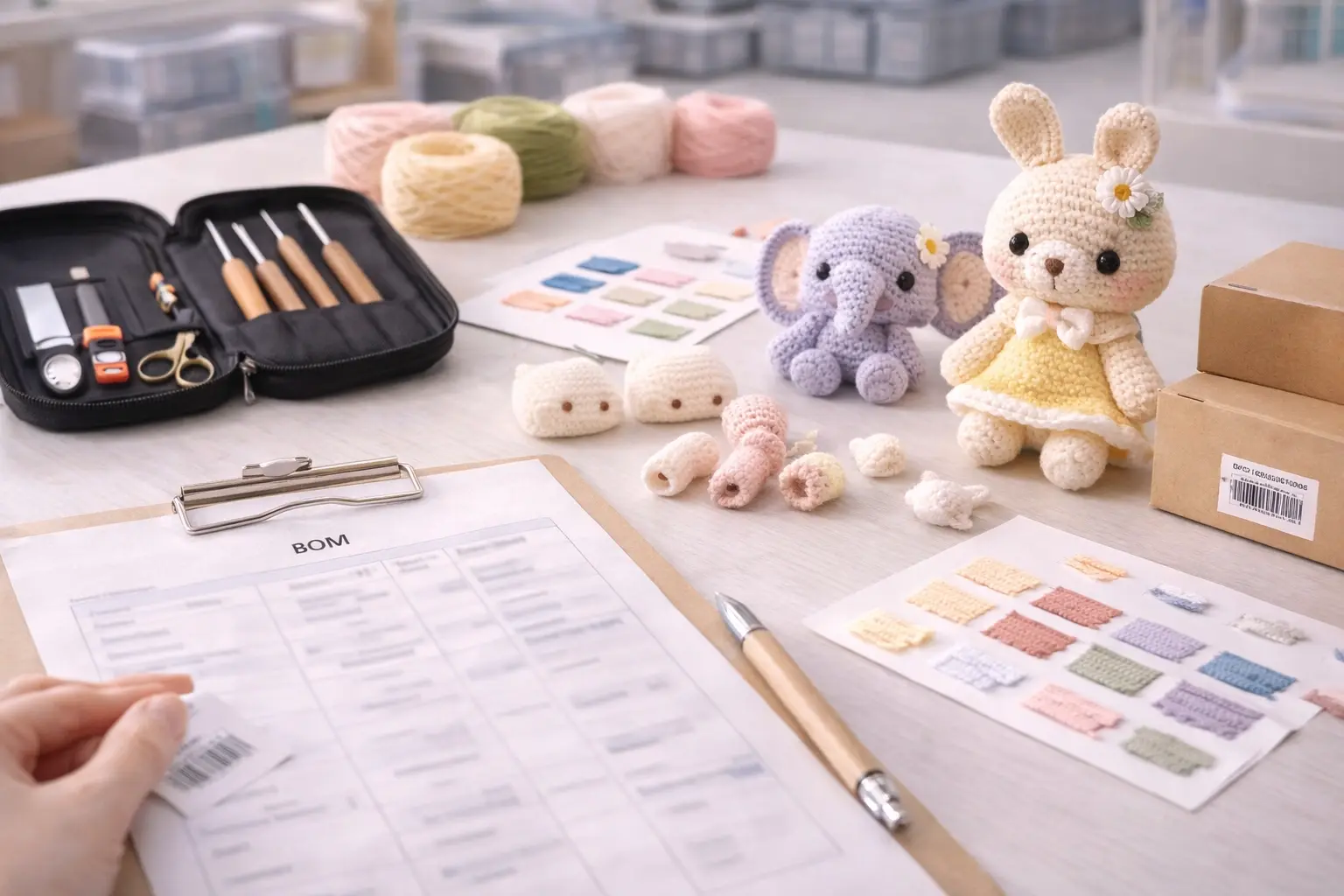 Product development workbench with samples, yarn, color cards and BOM documents