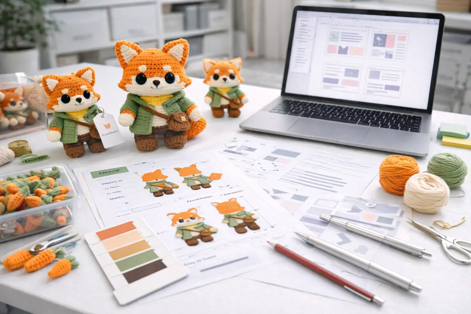 Organized workspace desk with product samples, documents, and laptop for product development