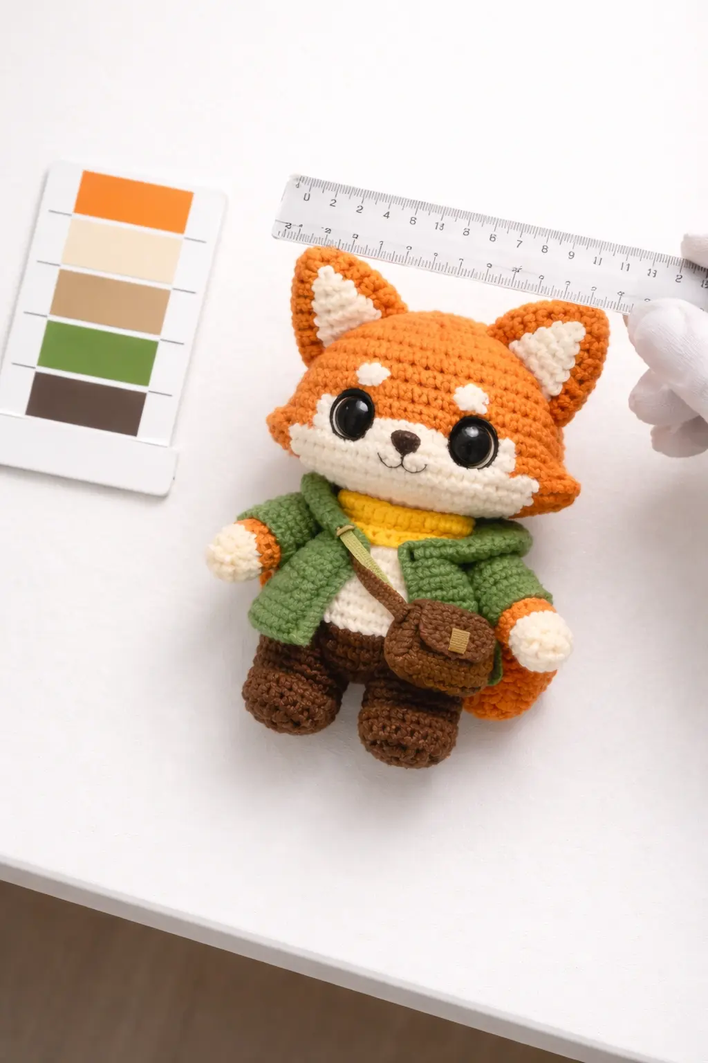 Ruler measuring a plush prototype beside a color swatch card