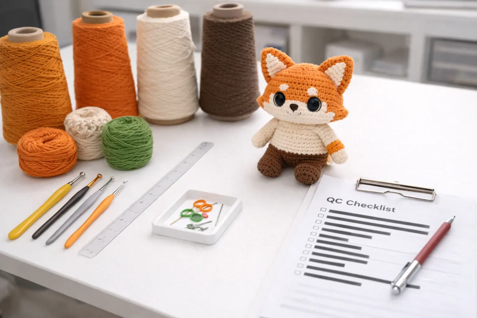 Sample-making workstation with yarn, crochet tools, half-finished prototype, and redacted QC checklist